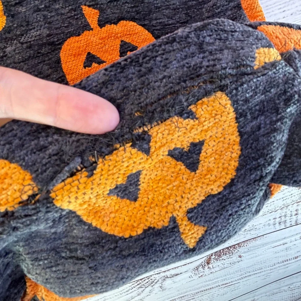 Tote Bag Black Orange Chenille Pumpkin Halloween Kitsch Spooky Jack O Lantern